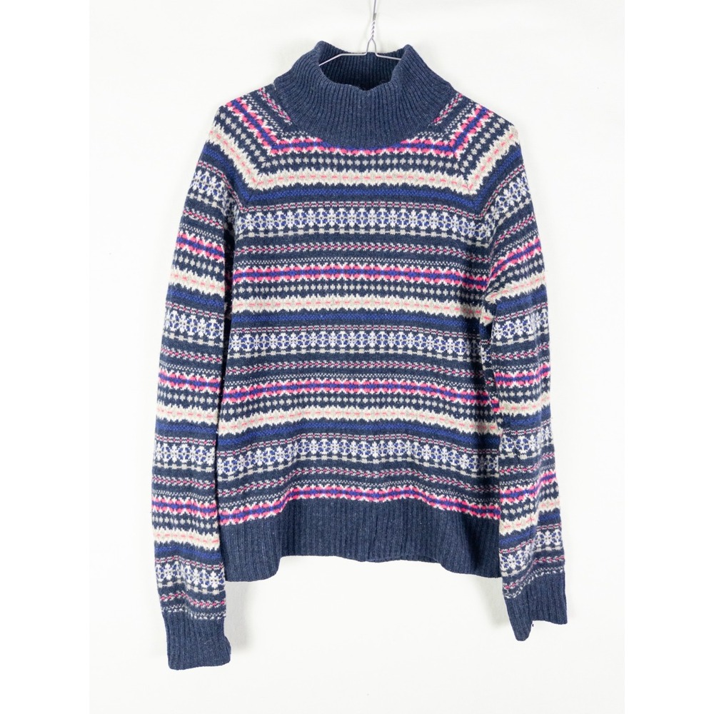 J.Crew Fair Isle Sweater Womens L Navy Pink 100% Wool Mock Neck Nordic Knit